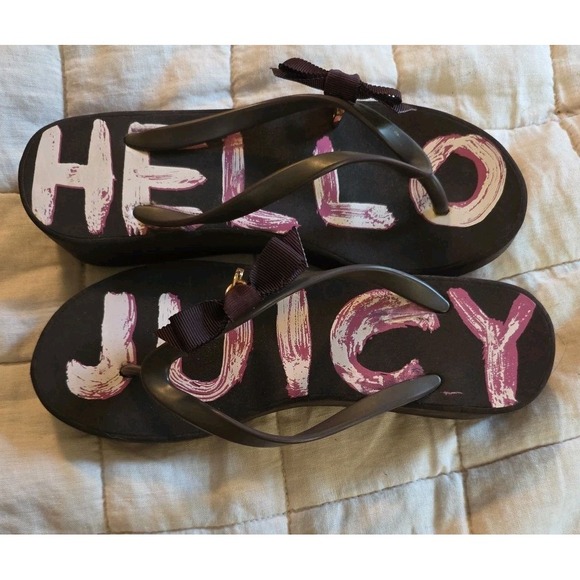 Vintage Juicy Couture "HELLO JUICY"  Brown platform thong flip flops Size 6.5 - Picture 1 of 9
